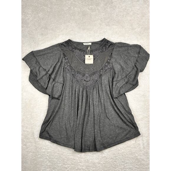 Andthewhy Tops - AND THE WHY Top Women’s Sz Small Grey RUFFLE SLEEVE BABYDOLL Shirt Boho Crochet